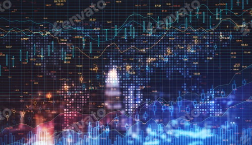 Preview: Glowing Forex Chart On Blurry Night New York City Background With Grid. Finance And Growth Concept