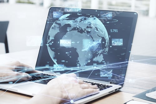 Preview: Close Up Of Businesswoman Hand Using Laptop Computer With Creative Glowing Globe Hologram With