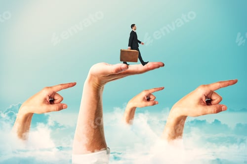 Preview: Businessman With Briefcase Walking On Abstract Hands. Blue Sky Background. Direction And Success