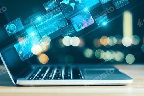 Preview: Laptop With Abstract Business Interface Hologram And Blurry Bokeh Background. Analytics And Trade