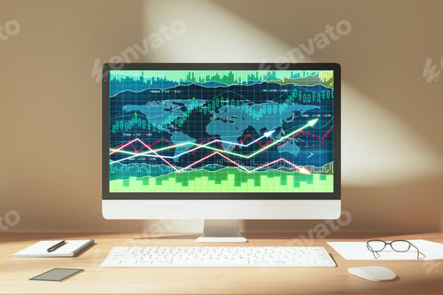 Preview: Business Charth With Glowing Arrows On Laptop Screen On Wooden Table With Office Accessories