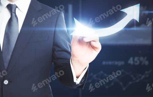Preview: Businessman Drawing Bright Upward Arrow On Dark Background With Business Chart. Financial Growth