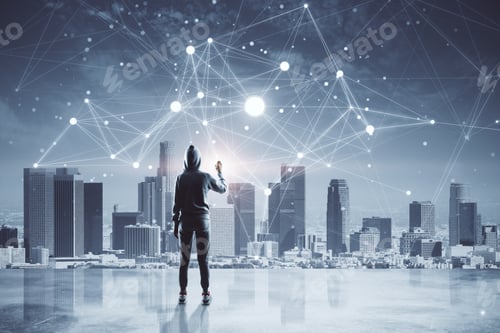 Preview: Back View Of Hacker On Abstract New York City Background With Polygonal Mesh. Communication And
