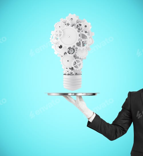 Preview: Hand Holding Plate With Lamp And Gears On A Blue Background