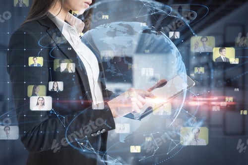 Preview: Close Up Of Businesswoman Hands Using Tablet With Creative Glowing Blue Globe Hologram With Faces