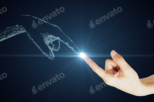 Aperçu: Toucher les doigts d'hommes réels et numériques sur fond bleu. Gros plan. Concept du futur