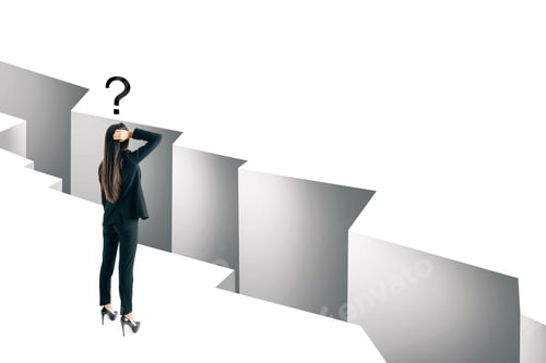 Preview: Thoughtful Young Businesswoman Looking At Gap With Question Mark. Challenge And Doubt Concept.
