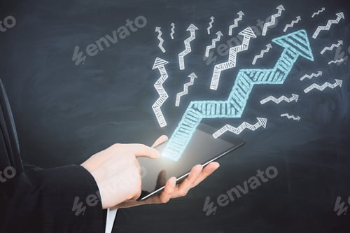 Preview: Businessman Using Tablet With Drawn Arrows. Technology And Income Concept