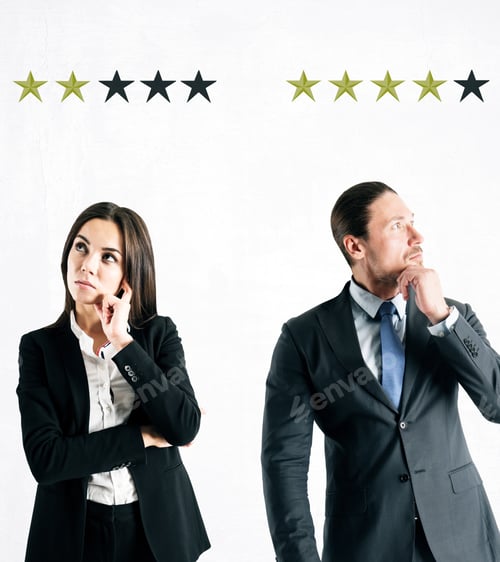 Preview: Attractive Young European Businesswoman And Businessman With Star Rating On Subtle Background