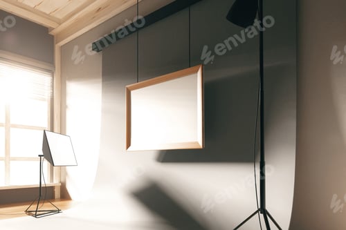 Preview: Blank Picture Frame In Empty Photo Studio With Equipment And White Background At Sunrise, Mock Up