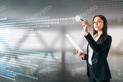 Preview: Attractive Young European Businesswoman Writing Binary Code On Abstract Blurry Interior Background
