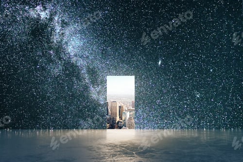 Preview: Small Opening With City View In Abstract Space Starry Sky Interior With Concrete Floor. Opportunity