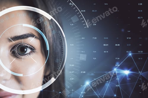 Preview: European Face With Hologram On Eye. Blurry Background. Face Id And Access Concept. Double Exposure