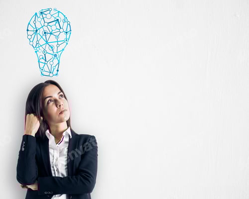 Preview: Thoughtful Young Female With Light Bulb Sketch On Subtle Background. Idea, Innovation, Inspire And