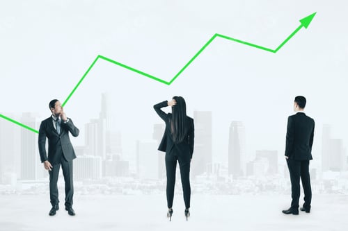 Preview: Businesspeople On White City Background With Green Chart Arrow. Decline And Decrease Concept
