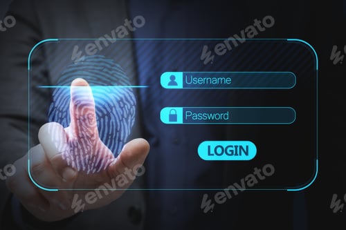 Preview: Close Up Of Businessman Hand Using Glowing Abstract Fingerprint Interface On Blurry Background