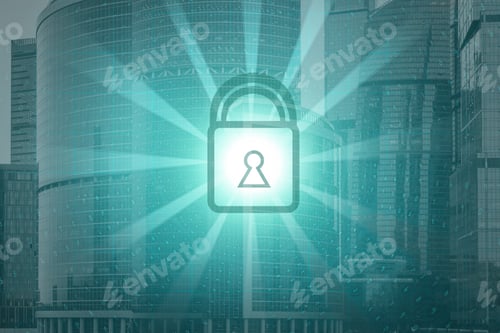 Preview: Abstract Glowing Padlock On Coding City Background. Digital Safety, Security, Antivirus And