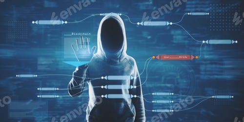 Preview: Hacker In Hoodie Using Abstract Glowing Big Data Blockchain Interface On Dark Background