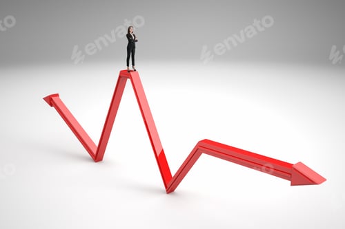 Preview: Businesswoman Standing On Abstract Red Arrow On Gray Background. Growth, Leadership And Ambition
