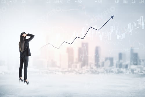 Preview: Young Businesswoman Looking On Forex Chart And Stock Data. Success And Trade Concept. Double