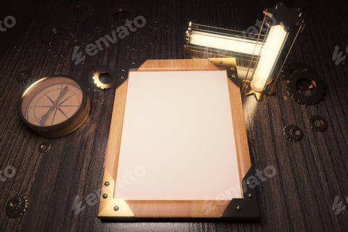 Preview: Blank Wooden Steampunk Picture Frame With Vintage Lamps, Compass And Gears On Brown Wooden Table