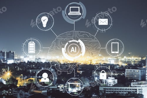 Preview: Creative Night City Background With Ai Brain Interface. Artificial Intelligence And Technology
