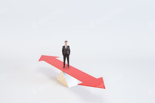 Preview: Choosing The Right Life Concept With Businessman Staying On Red Arrow Like On A Swing On Abstract