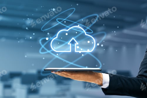 Preview: Cloud Computing And Innovation Concept. Businessman Hand Holding Tablet With Abstract Glowing Icon
