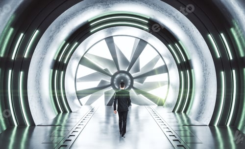 Preview: Businessman Walking In Futuristic Space Ship Interior With Neon Light. Abstract Tunnel. Future And