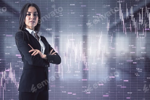 Preview: Pretty Young European Businesswoman With Folded Arms Standing In Blurry Office Interior With