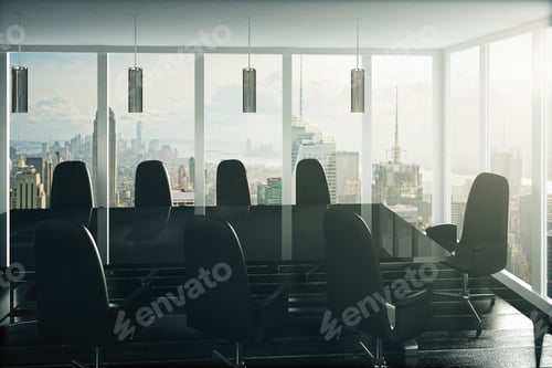 Preview: Modern Black Style Conference Room With City View 3D Render