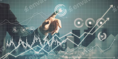 Preview: Close Up Of Man Hand Pointing At Glowing Business Chart Grid On Blurry City Background. Finance And