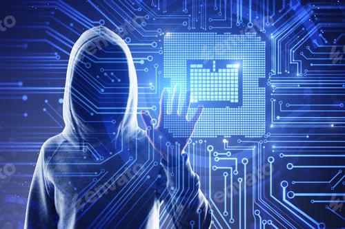 Preview: Hardware And Hacking Concept. Hacker With Circuit Interface On Blurry Blue Background. Double