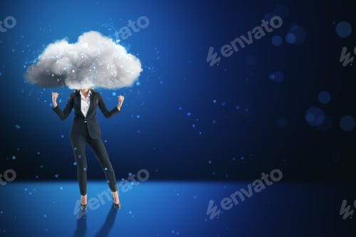 Preview: Cloud Headed Businesswoman In Suit Standing On Abstract Blue Bokeh Interior Background With Mock Up