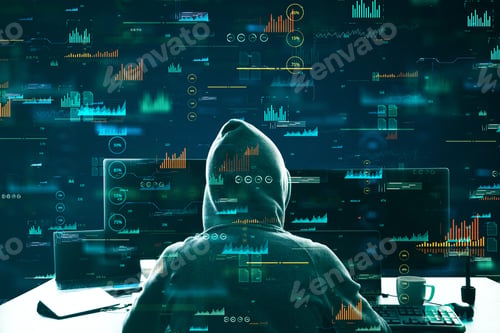 Preview: Hacker At White Desktop Using Laptop With Glowing Digital Business Interface On Blurry Background