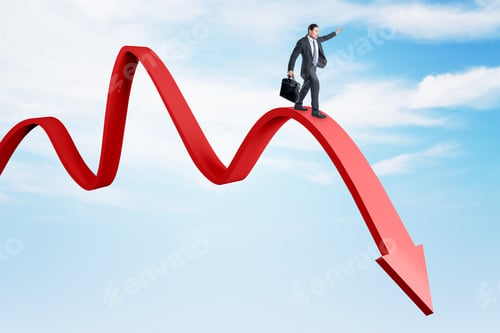 Preview: Attractive European Business Man Balancing On Abstract Falling Red Arrow On Sky Backdrop. Crisis