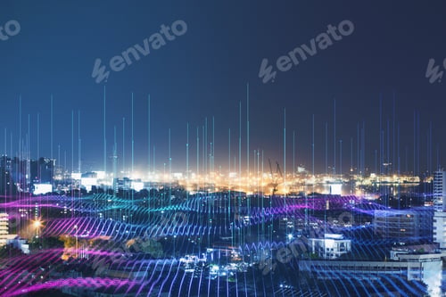 Preview: Creative Digital Wave On Blurry Night City Background. Technology And Science Concept. Double