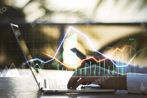Preview: Close Up Of Businessman Hands Using Laptop And Smartphone With Creative Glowing Forex Graph On