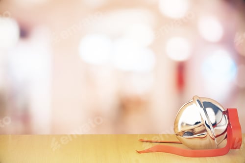 Preview: Christmas Jingle Bell With Red Ribbon On Wooden Table