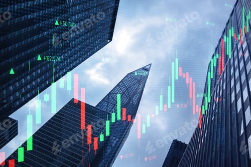 Preview: Bottom View Of Abstract Glowing Forex Chart On City And Sky Background. Trade, Finance And Invest