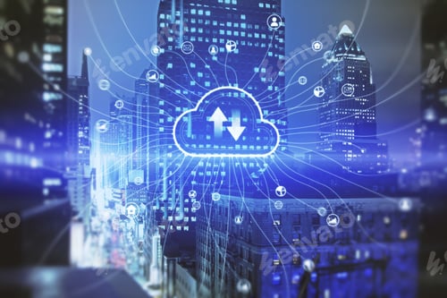 Preview: Abstract Glowing Cloud Hologram On Illuminated Night City Background. Cloud Computing And Database