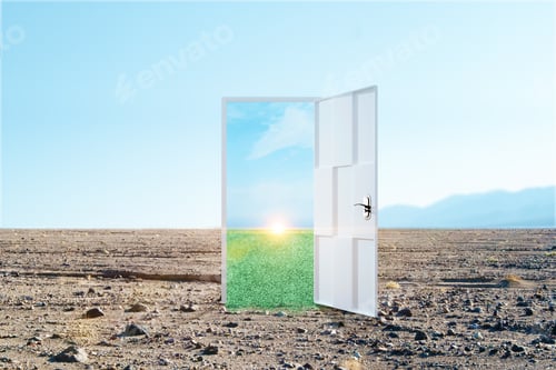 Preview: Creative Opportunity Door On Abstract Outdoor Sky Landscape Background. Success And Access Concept