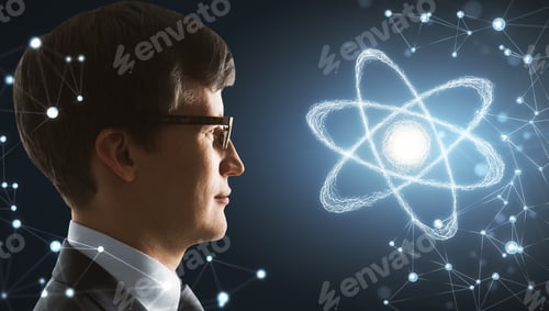 Preview: Side Portrait Of Handsome Young Businessman With Glowing Atom. Science And Medicine Concept
