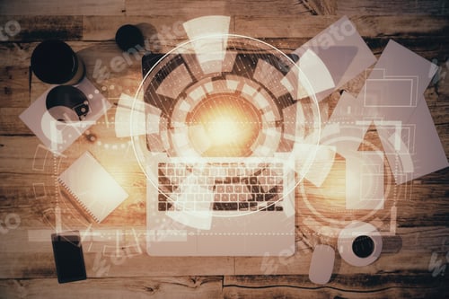 Preview: Top View Of Wooden Office Desktop With Laptop, Coffee Cup, Supplies, Other Items And Abstract