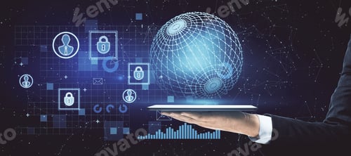 Preview: Businessman Hand Holding Tablet With Creative Glowing Business Interface With Globe And