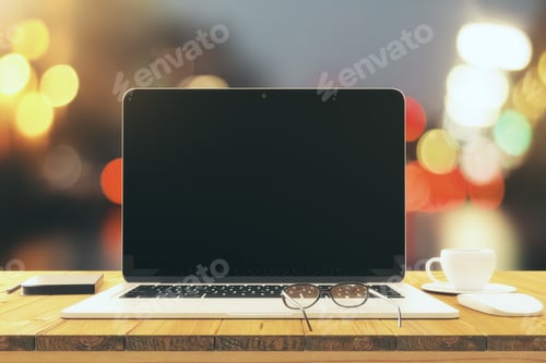 Preview: Blank Laptop Screen With Eyeglasses And Cup Of Coffee, Mock Up
