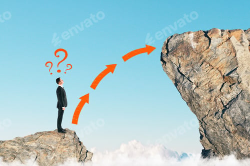Preview: Side View Of Young Businessman On Small Cliff Thinking How To Get Onto Big One. Career Development