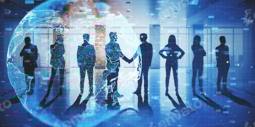 Preview: Abstract Crowd Silhouette On City Background With Glowing Globe. Success And Teamwork Concept