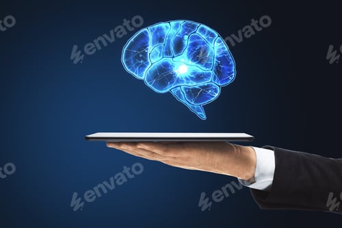 Preview: Hand Holding Digital Tablet With Glowing Brain On Blue Background. Artificial Intelligence Concept