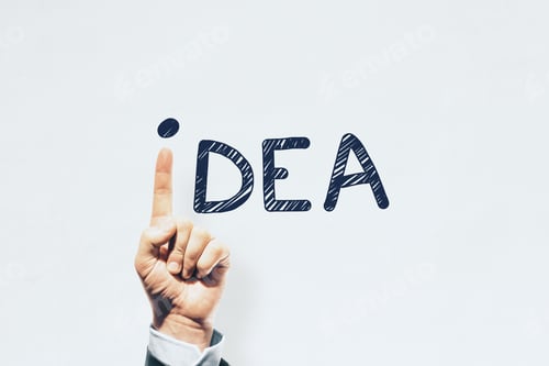 Preview: Hand Pointing Up Replacing Letter I In Idea Word On White Background. Inspiration And Creativity